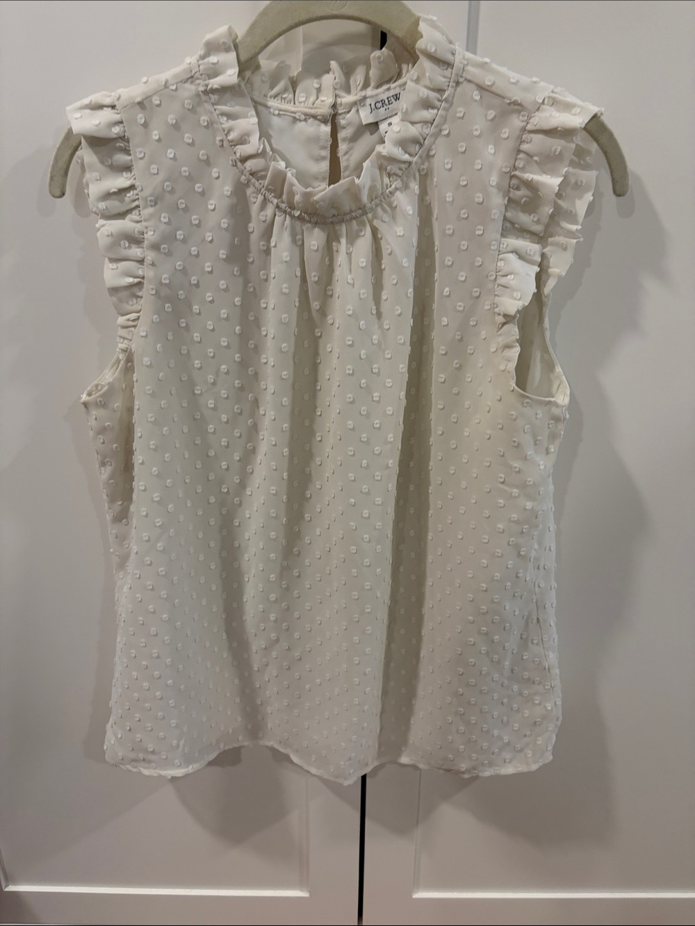 J. Crew Ivory Swiss Dot Ruffle Neck Sleeveless Top